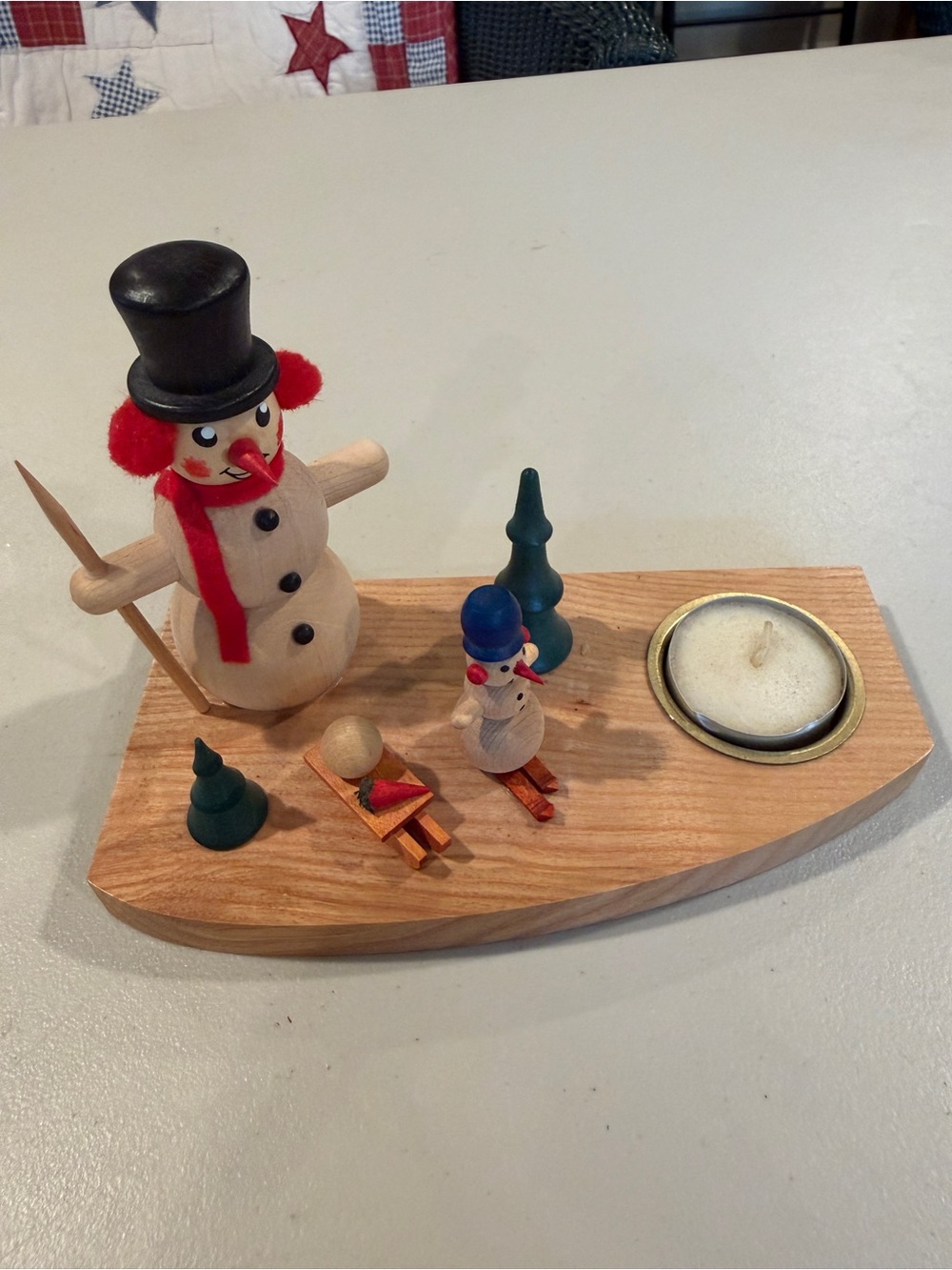 Vintage Erzgebirge Germany Wooden Snowman Tealight Candle Holder Seiffen FolkArt